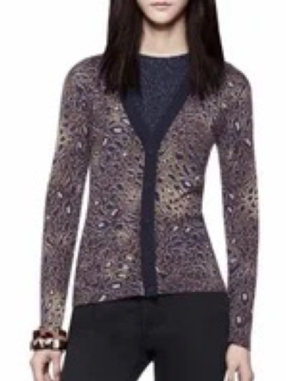 Tory Burch Merino Wool Sierra Coconut Abstract Leopard Print Cardigan